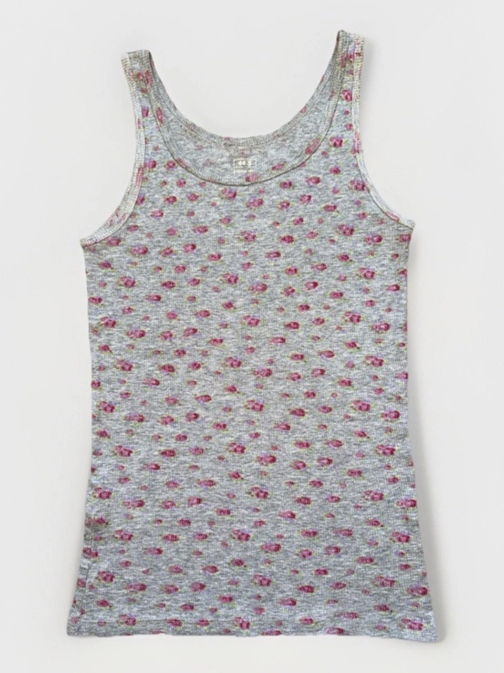 Women Sz S Gray Pink Floral Rose Cotton Tank Top Ribbed Round Neck Sleeveless